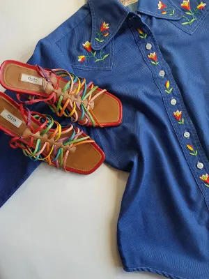 1970s Embroidered Cowgirl Denim Shirt in Inky Blue with Contrast Stitching - Vibrant Hand Embroidered Feature Panels - Perfect Tailoring