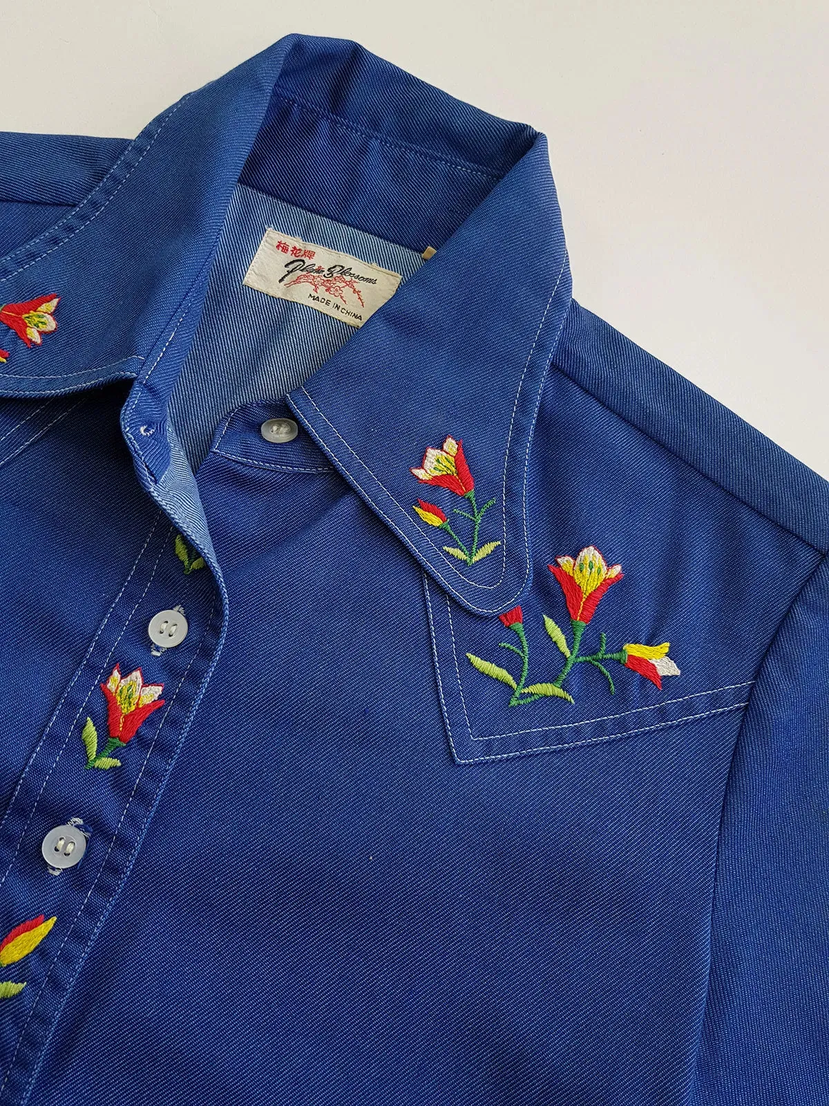 1970s Embroidered Cowgirl Denim Shirt in Inky Blue with Contrast Stitching - Vibrant Hand Embroidered Feature Panels - Perfect Tailoring