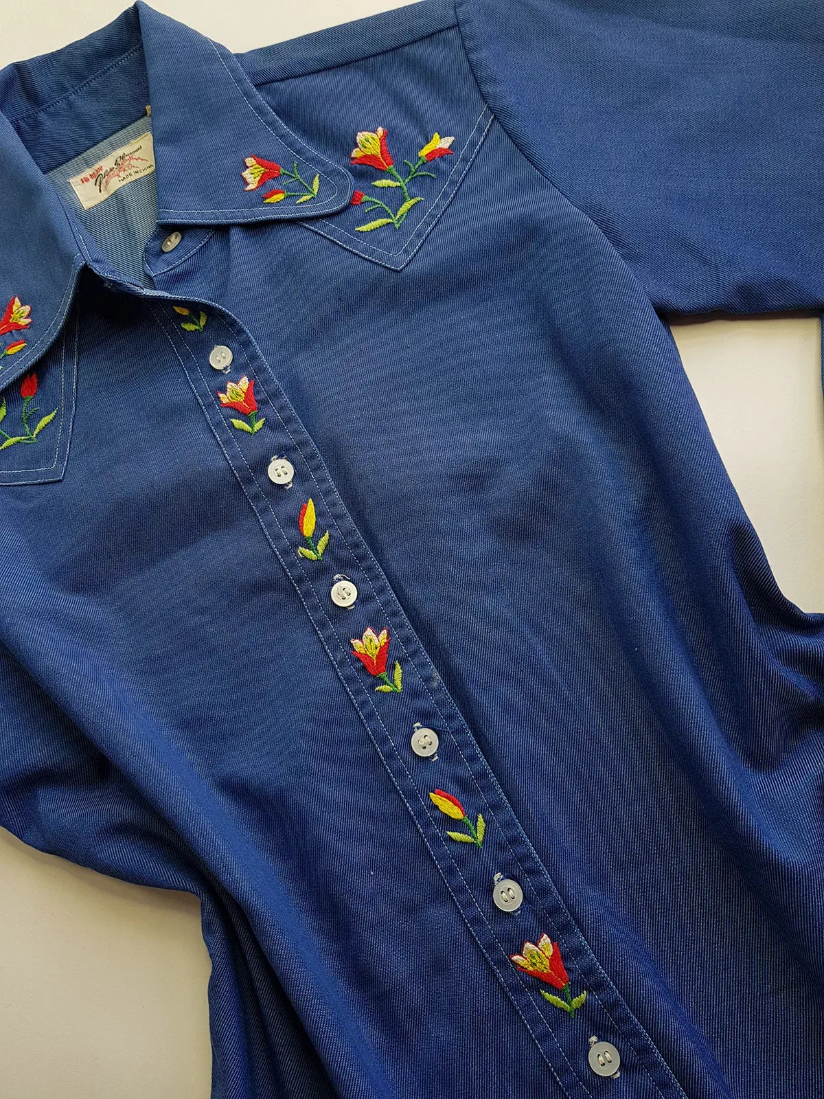 1970s Embroidered Cowgirl Denim Shirt in Inky Blue with Contrast Stitching - Vibrant Hand Embroidered Feature Panels - Perfect Tailoring