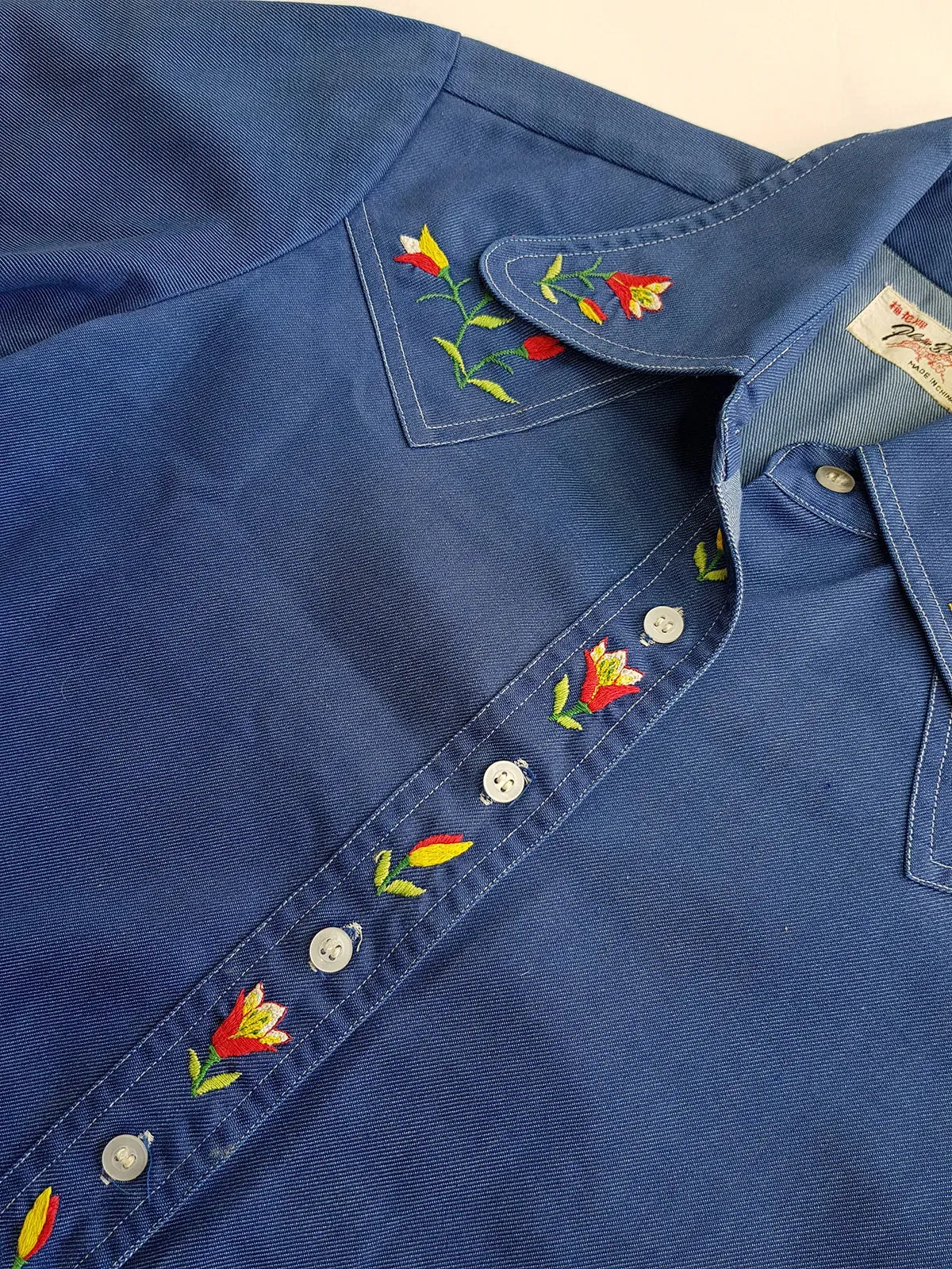 1970s Embroidered Cowgirl Denim Shirt in Inky Blue with Contrast Stitching - Vibrant Hand Embroidered Feature Panels - Perfect Tailoring