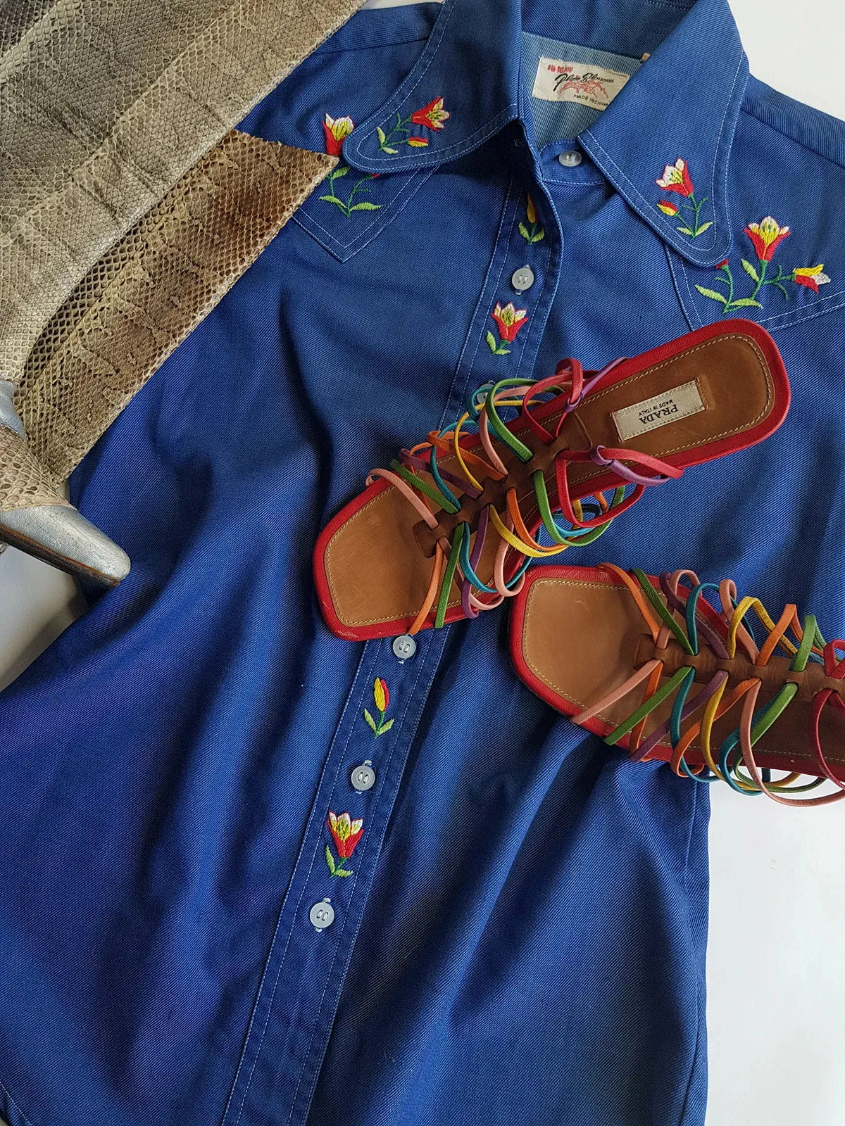 1970s Embroidered Cowgirl Denim Shirt in Inky Blue with Contrast Stitching - Vibrant Hand Embroidered Feature Panels - Perfect Tailoring