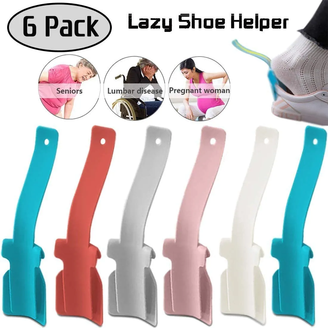 6 Pcs Lazy Shoe Helper Portable Sock Slider - Handled Shoe Horn - Shoe Lifting Helper Easy on Easy Off, Plastic Shoehorn for Men, Women