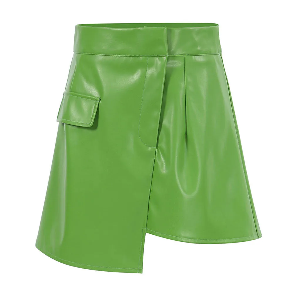 Asymmetrical High Waist Seamed Trim Vegan Leather Mini Skirt - Green