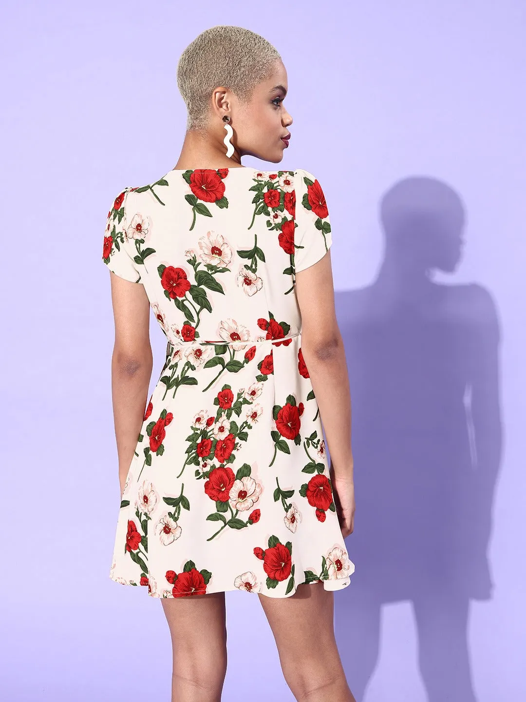 Berrylush Women White & Red Floral Printed Crepe A-Line Dress