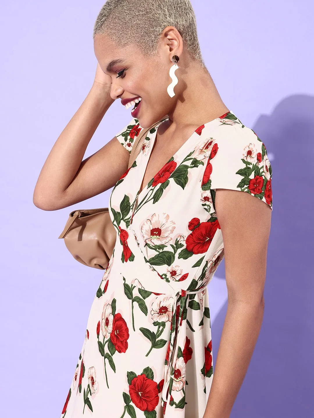 Berrylush Women White & Red Floral Printed Crepe A-Line Dress