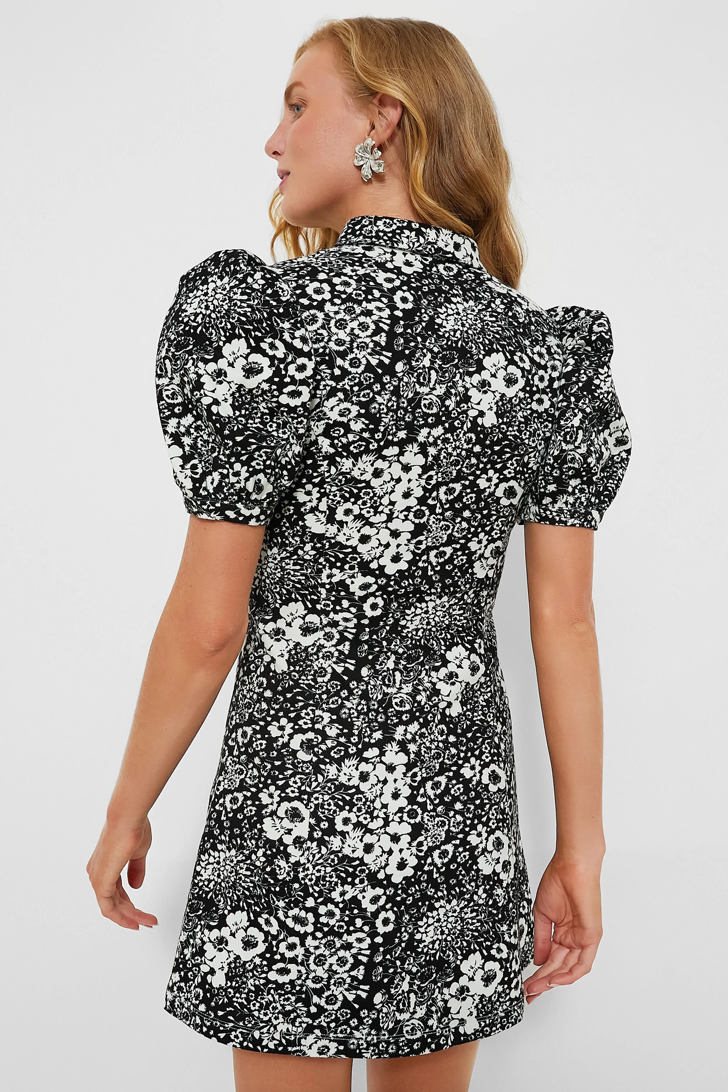 Black Floral Front Zip Chrysanthemum Mini Dress