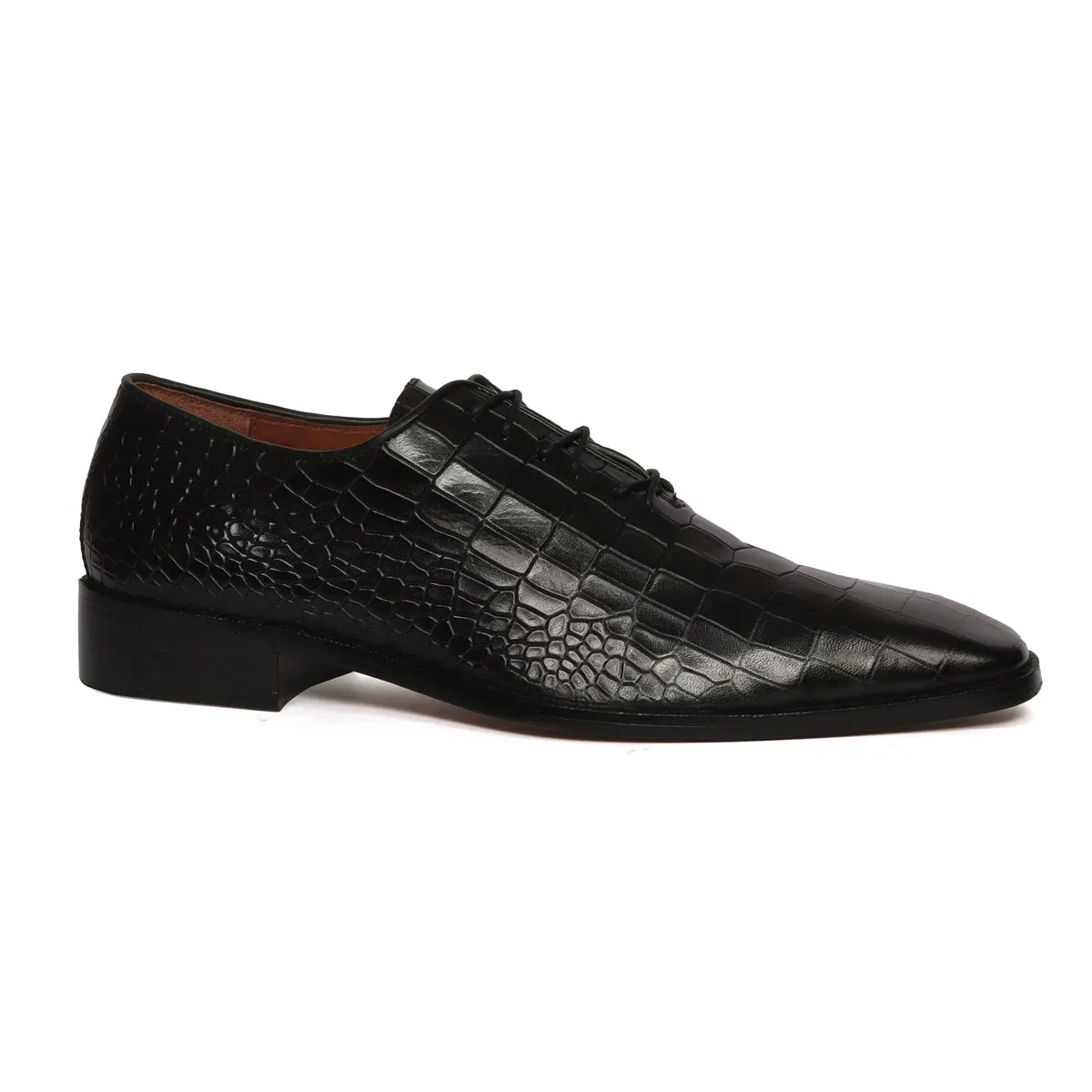 Black Slant Toe Oxford Shoes with Full Croco Textured Leather (Designed For T-20 Wolrd cup 2023 Team India )