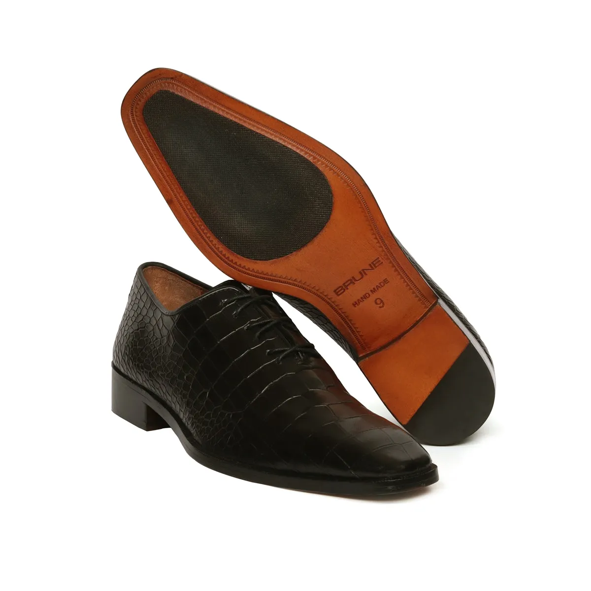 Black Slant Toe Oxford Shoes with Full Croco Textured Leather (Designed For T-20 Wolrd cup 2023 Team India )