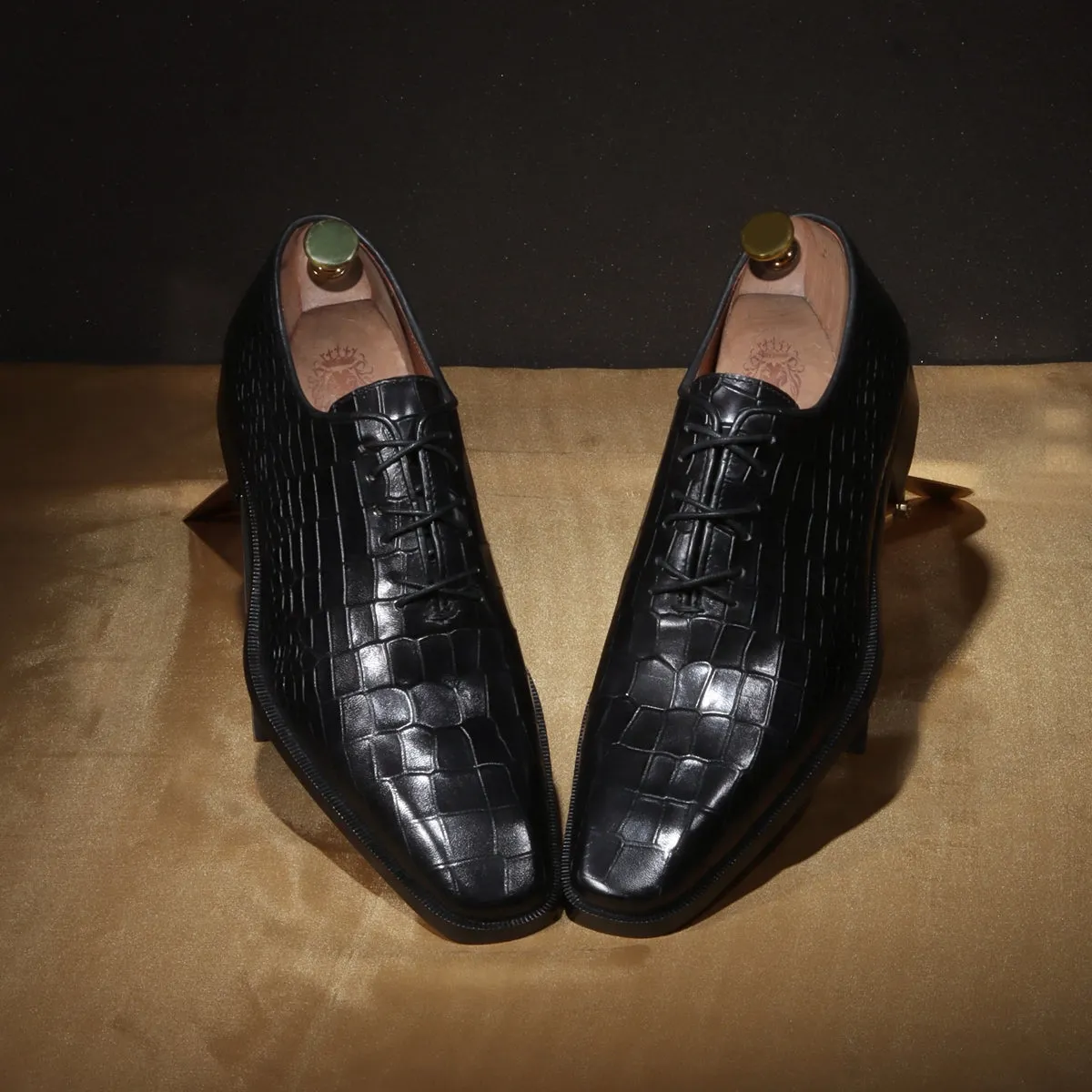 Black Slant Toe Oxford Shoes with Full Croco Textured Leather (Designed For T-20 Wolrd cup 2023 Team India )