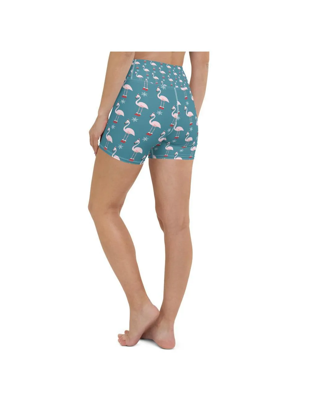 Christmas Flamingo Patterned Yoga Shorts