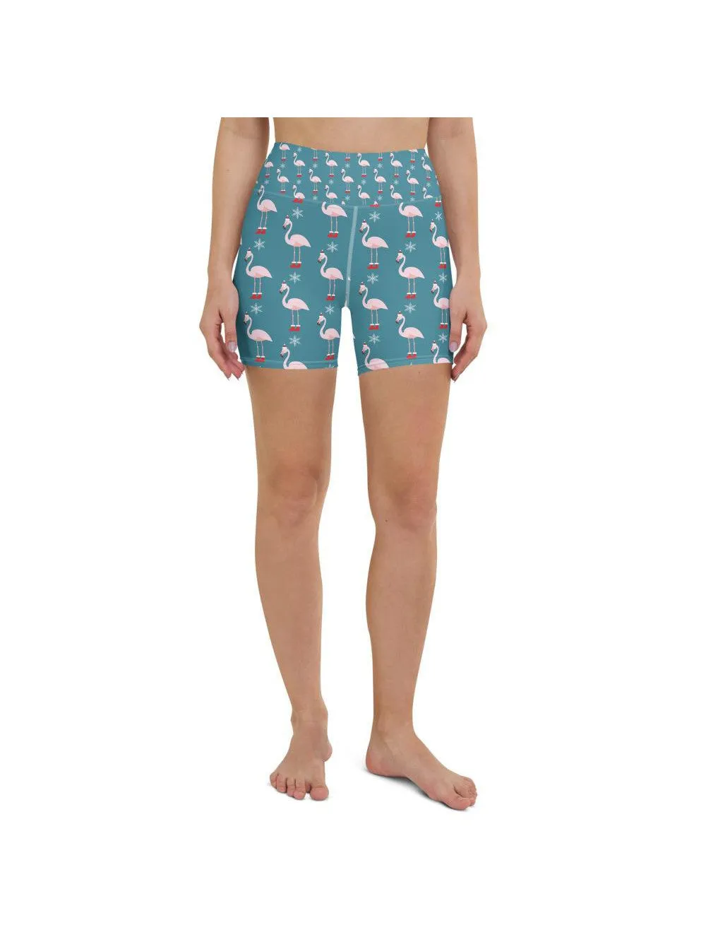 Christmas Flamingo Patterned Yoga Shorts