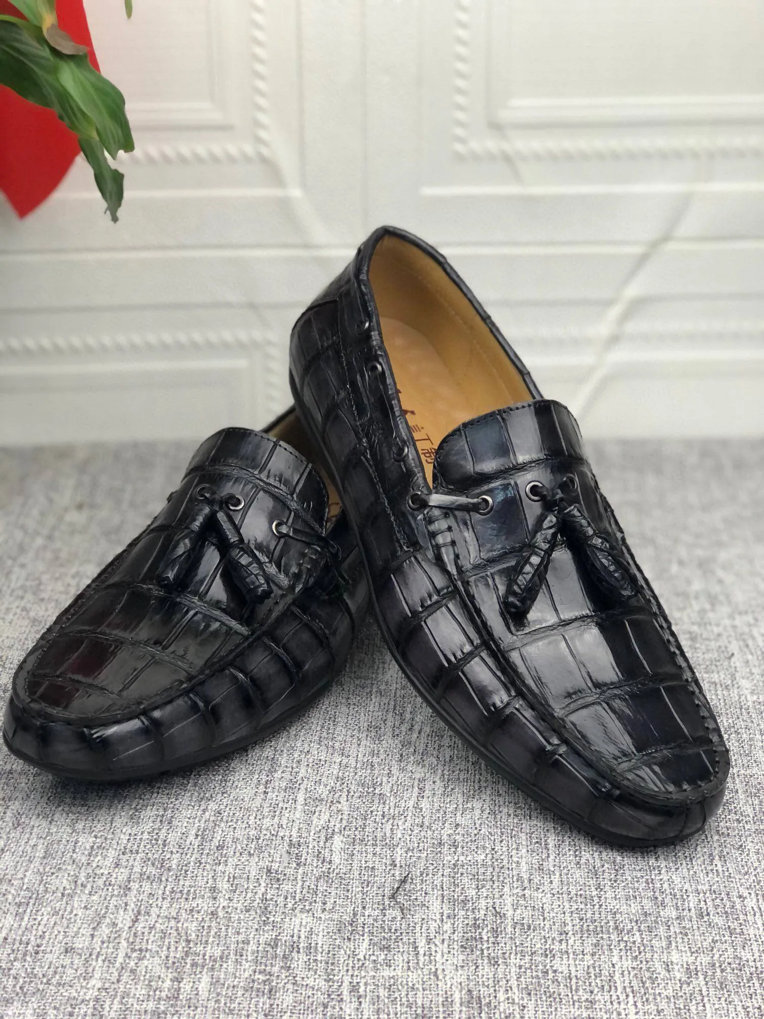 Crocodile  Leather Shoes Mens Slip-On Driving Loafer Shoes With Tassle Vintage Dark Grey