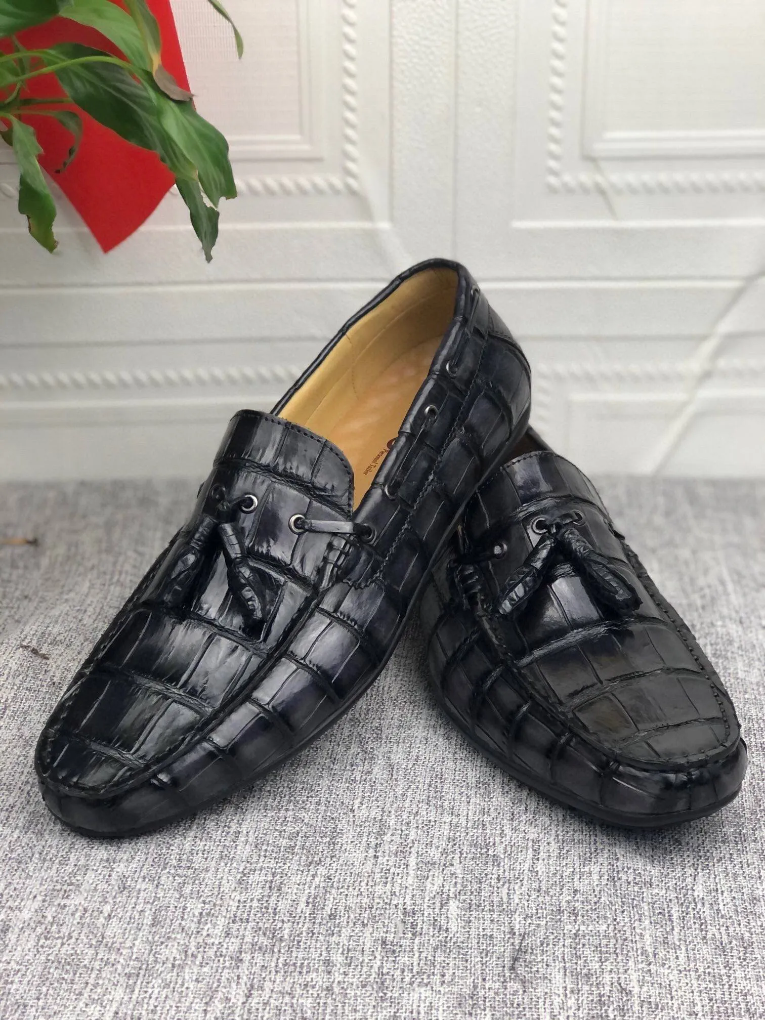 Crocodile  Leather Shoes Mens Slip-On Driving Loafer Shoes With Tassle Vintage Dark Grey