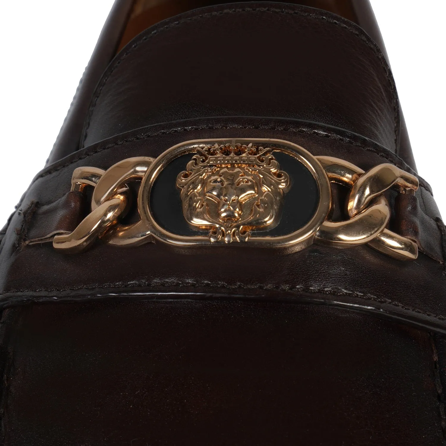 Dark Brown Moccasin Loafer with Chain Embellishment Trademark Lion Logo