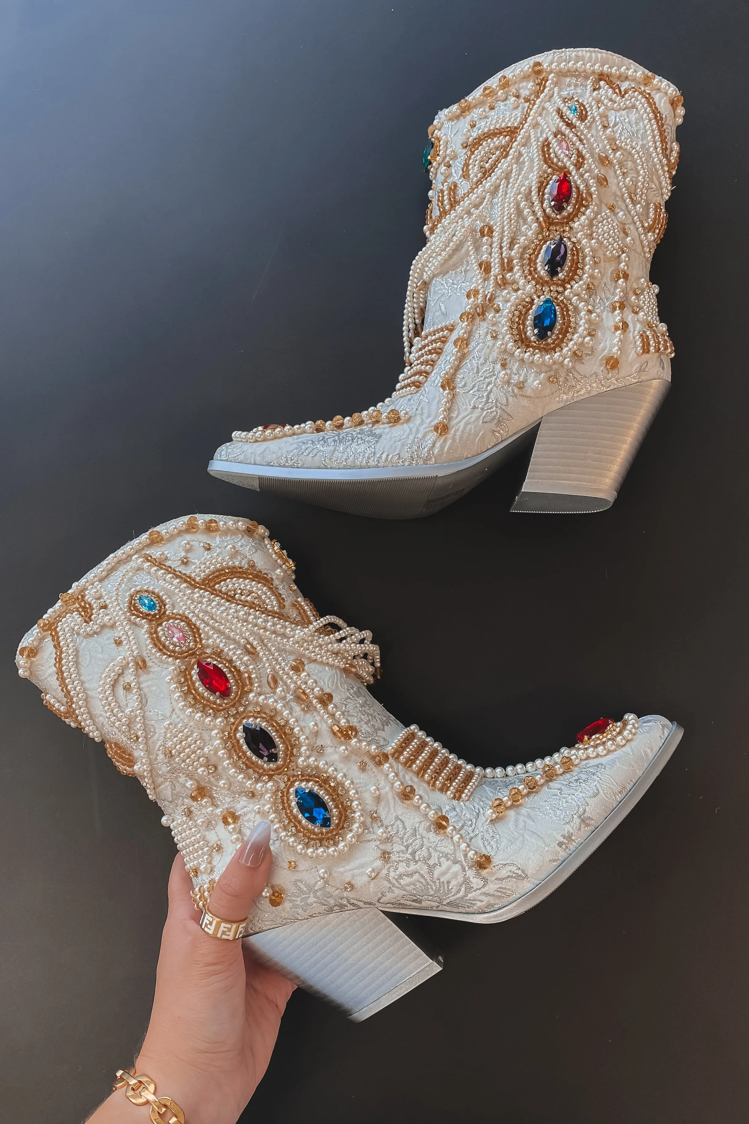 Going To The Chapel Jeweled White Statement Boots