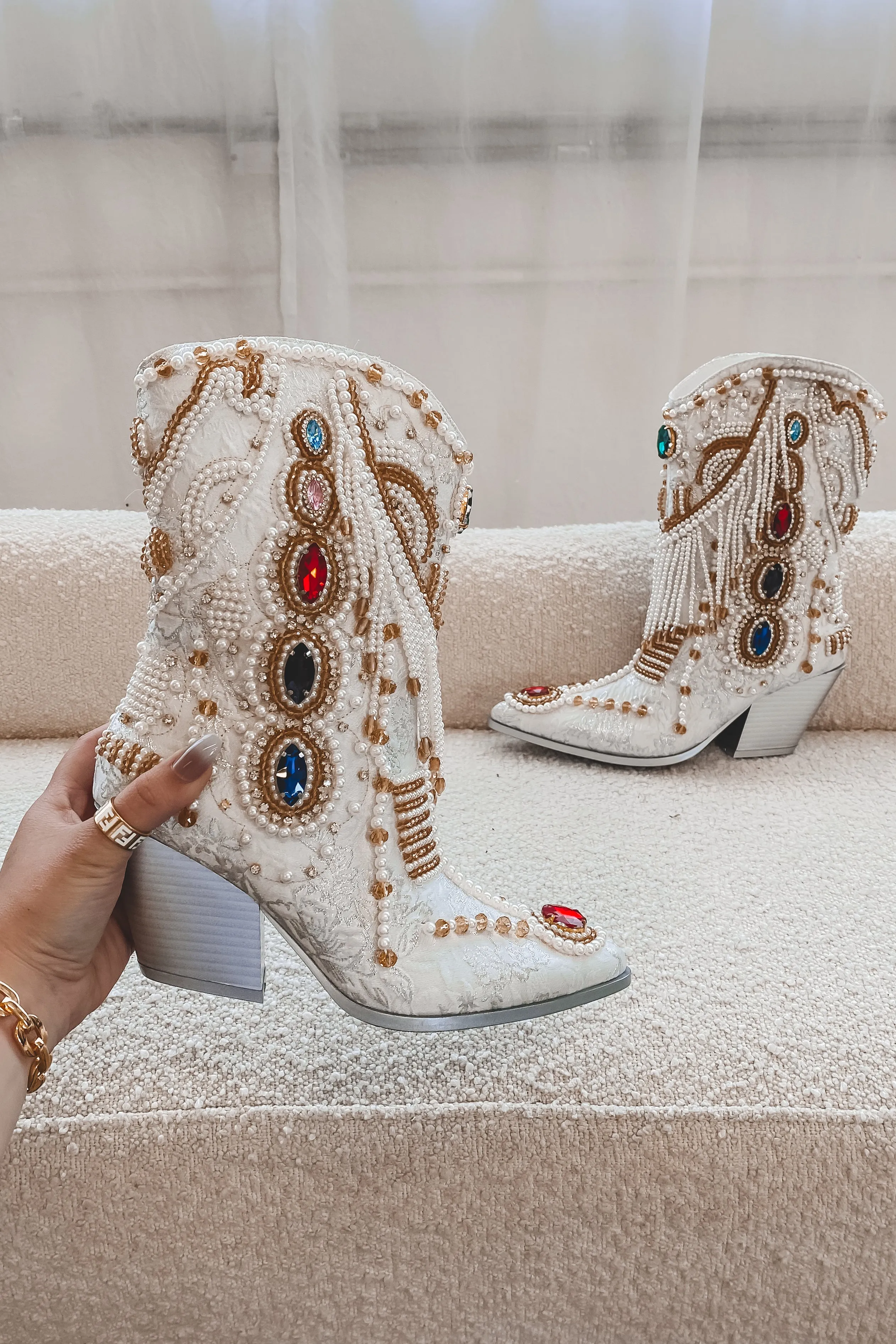 Going To The Chapel Jeweled White Statement Boots