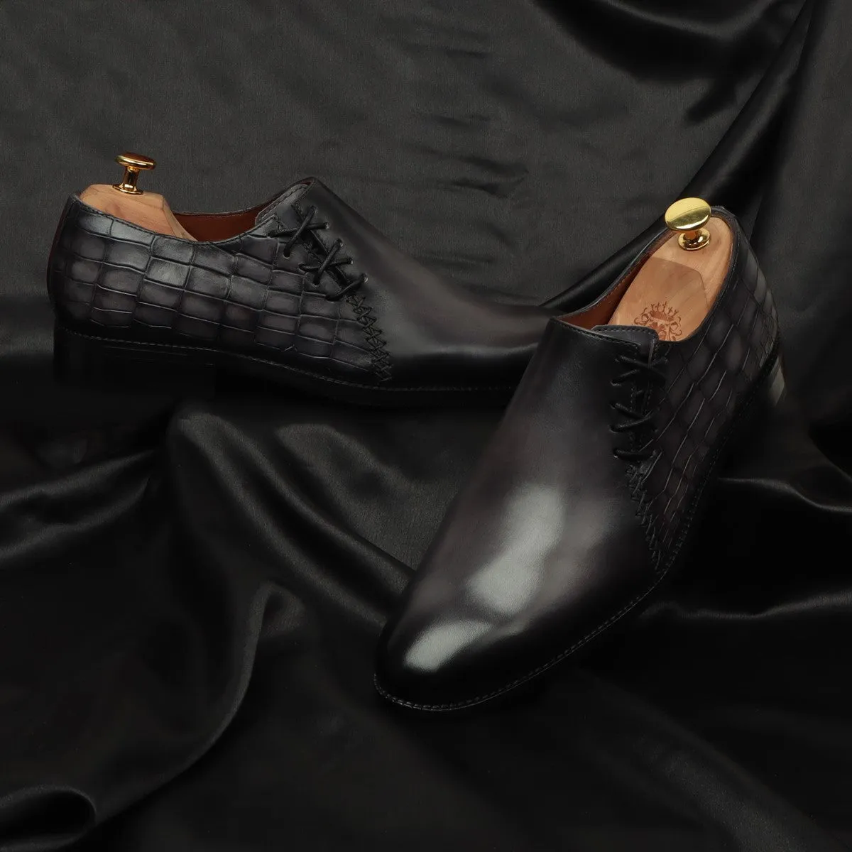 Grey Cross Stitched Side Lacing with Quarter Deep Cut Croco Leather Formal Shoes by Brune & Bareskin