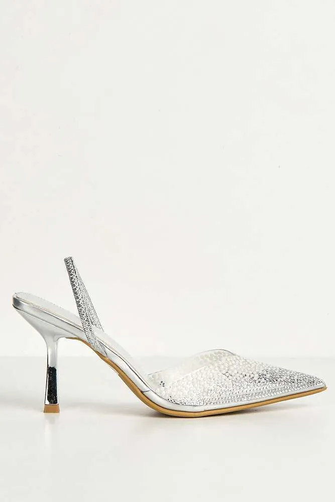 Hali Diamante & Pearl Embellished Perspex Pointy Shoes in Silver