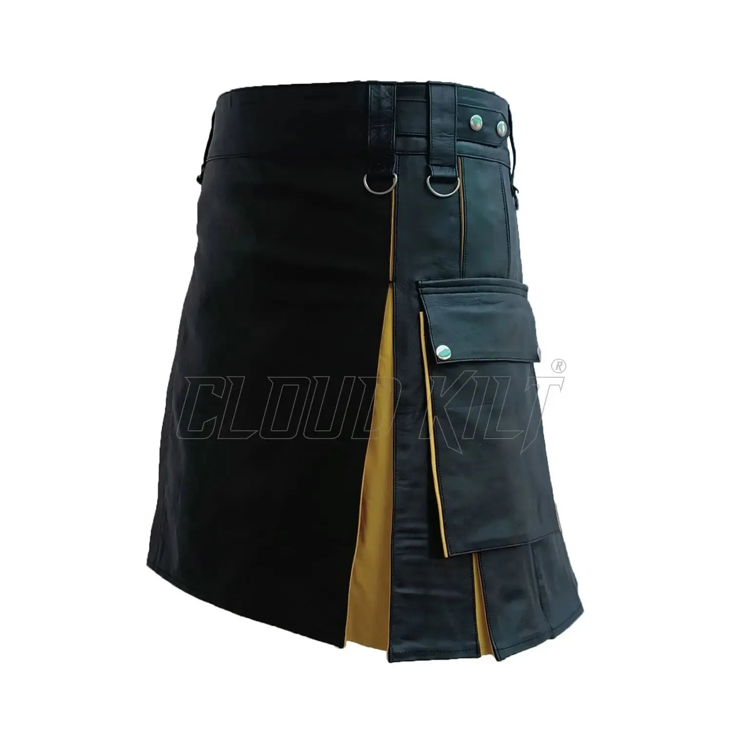 Hybrid Black & Yellow Genuine Cow Leather Kilt For Men