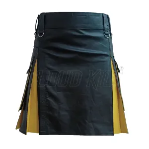 Hybrid Black & Yellow Genuine Cow Leather Kilt For Men