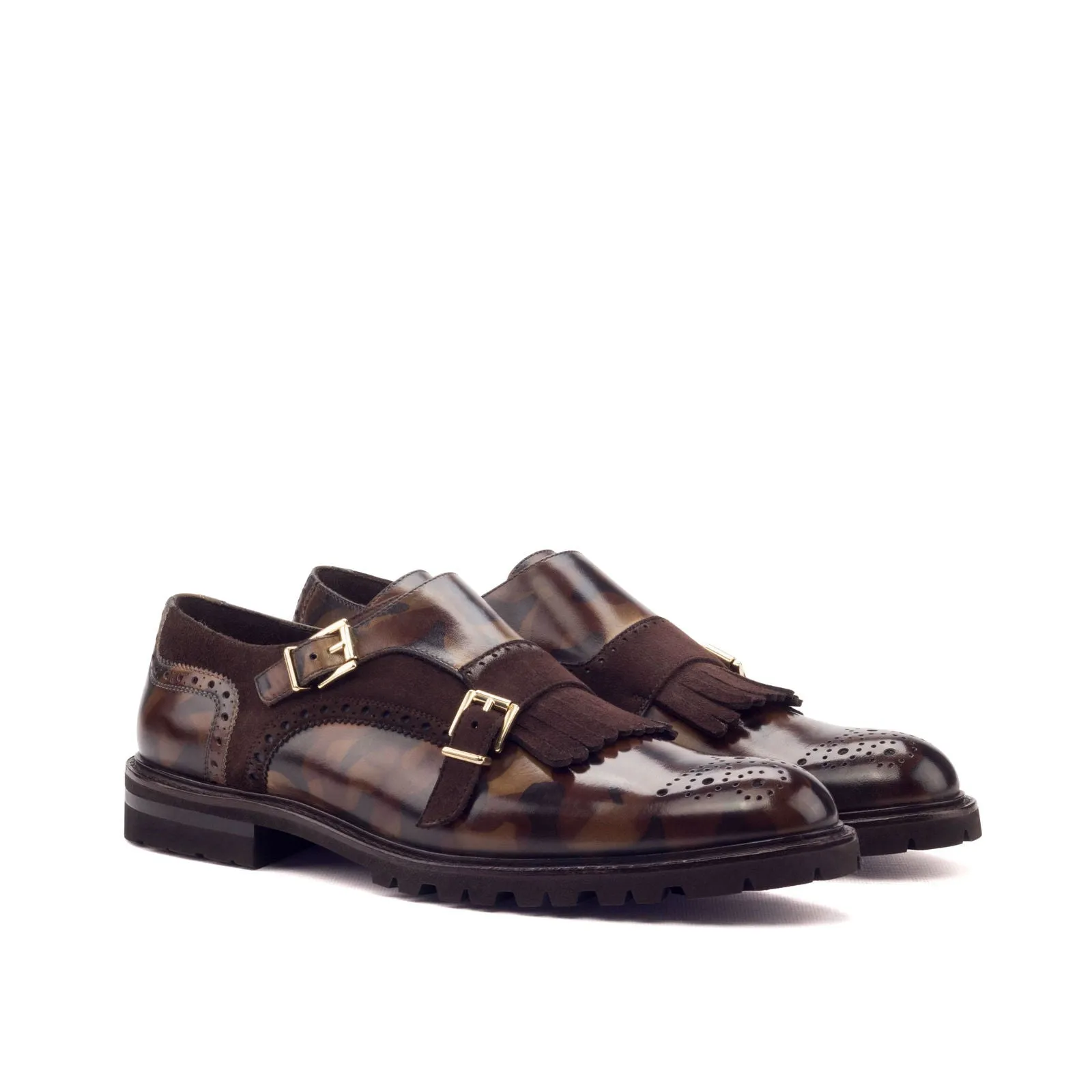 Ladies' Kiltie Monk Strap-Camo Patina, Kid Suede, Brown-Wholesale