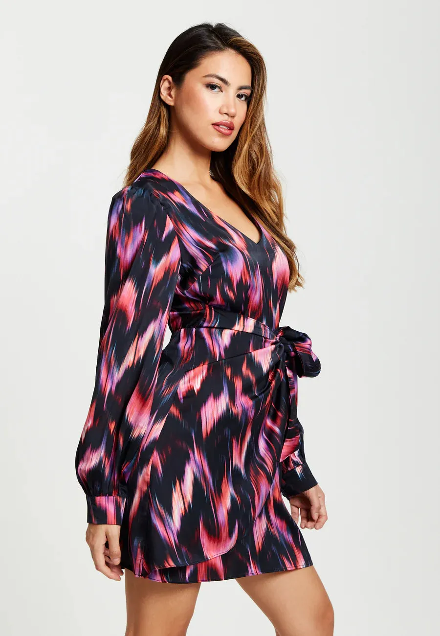 Liquorish Abstract Ikat Print Mini Wrap Dress In Black