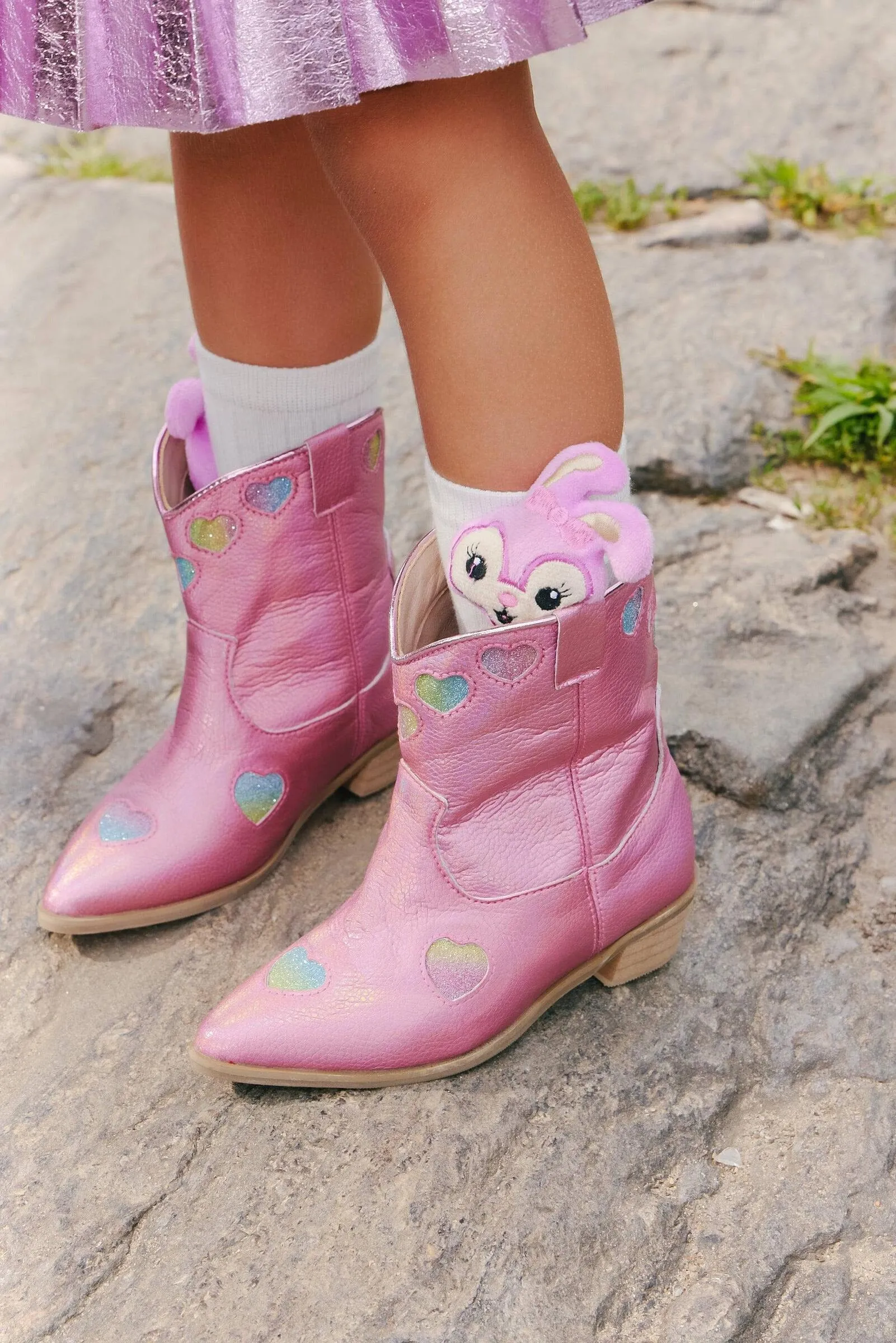 Lola and The Boys Pink Iridescent Heart Cowgirl Boots