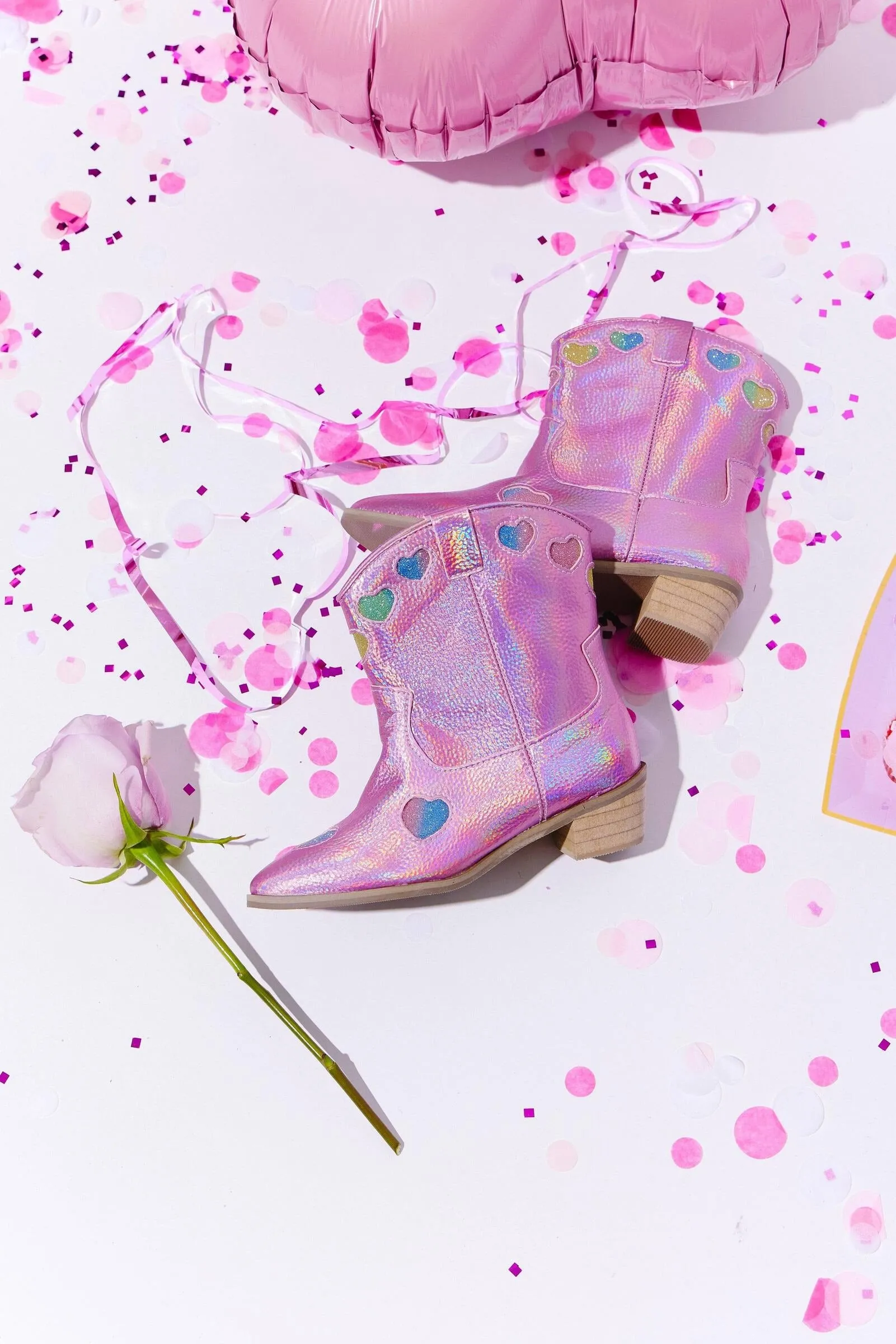 Lola and The Boys Pink Iridescent Heart Cowgirl Boots