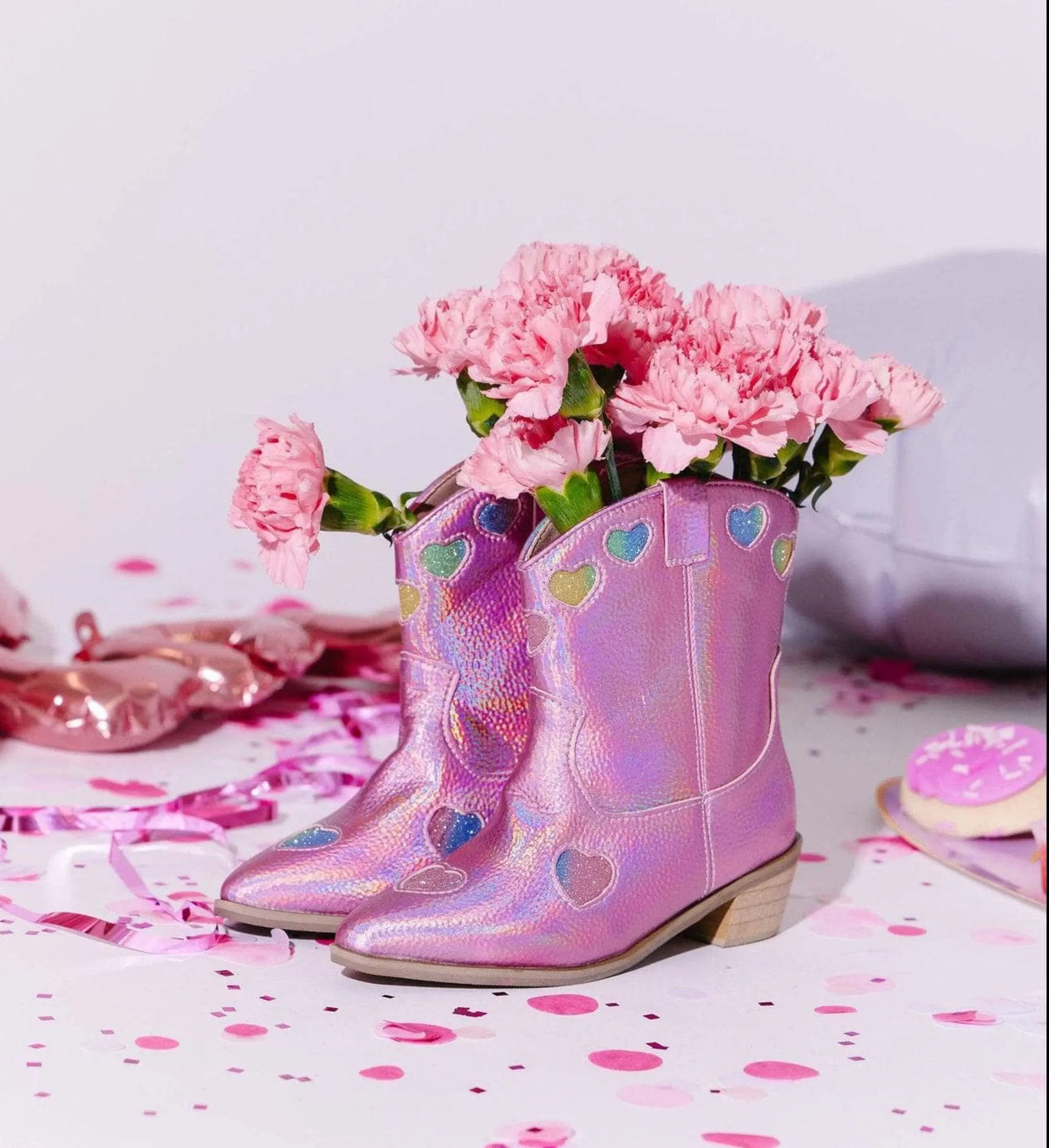 Lola and The Boys Pink Iridescent Heart Cowgirl Boots