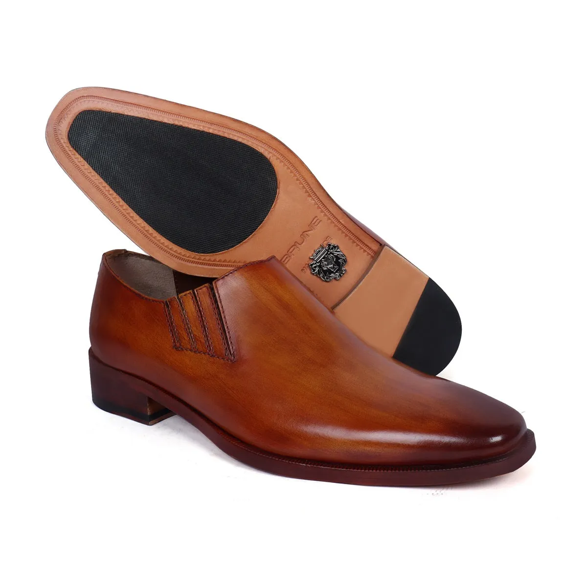 Men's Tan New Shape Lazyman Side Elastic Genuine Leather Slip-On Shoes by Brune & Bareskin