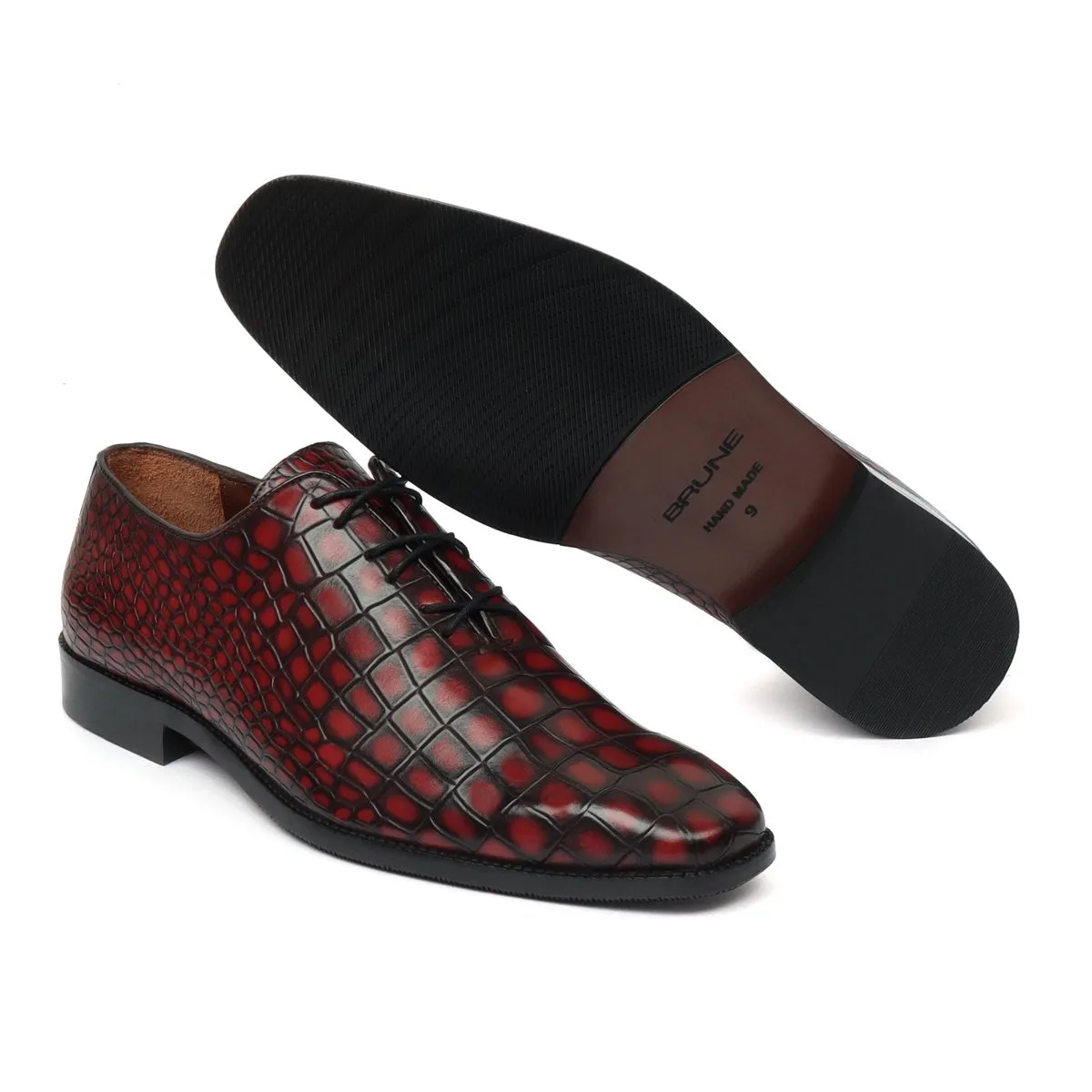 Men's Wine Slant Toe Oxford Shoe with Full Deep Cut Croco Leather