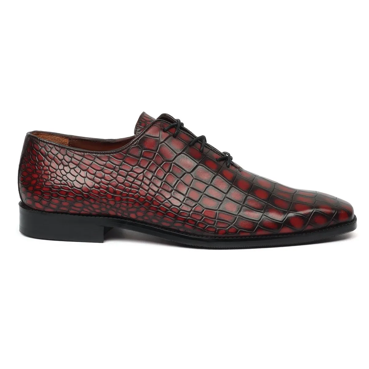 Men's Wine Slant Toe Oxford Shoe with Full Deep Cut Croco Leather