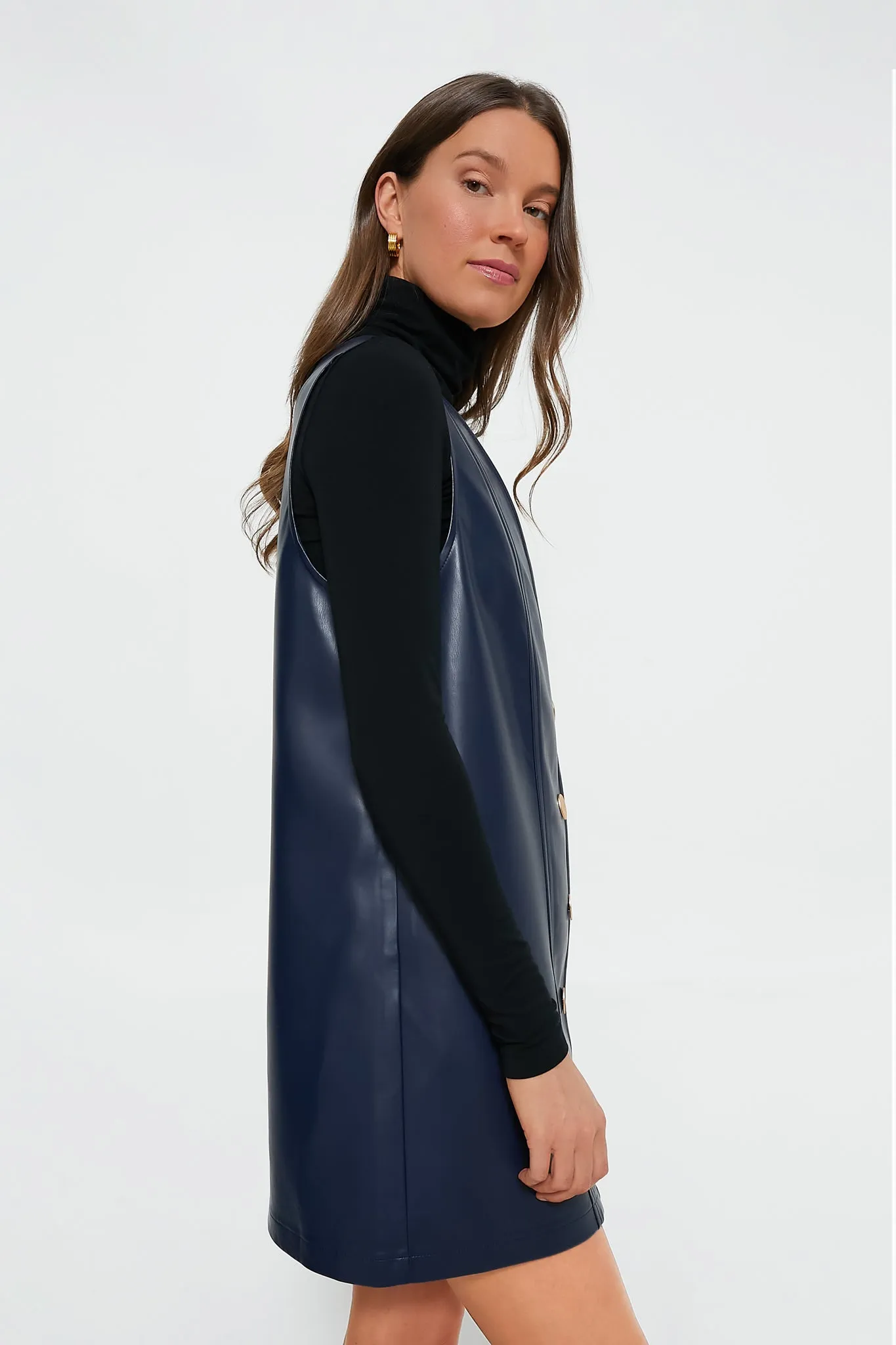 Navy Faux Leather Pinafore Dress