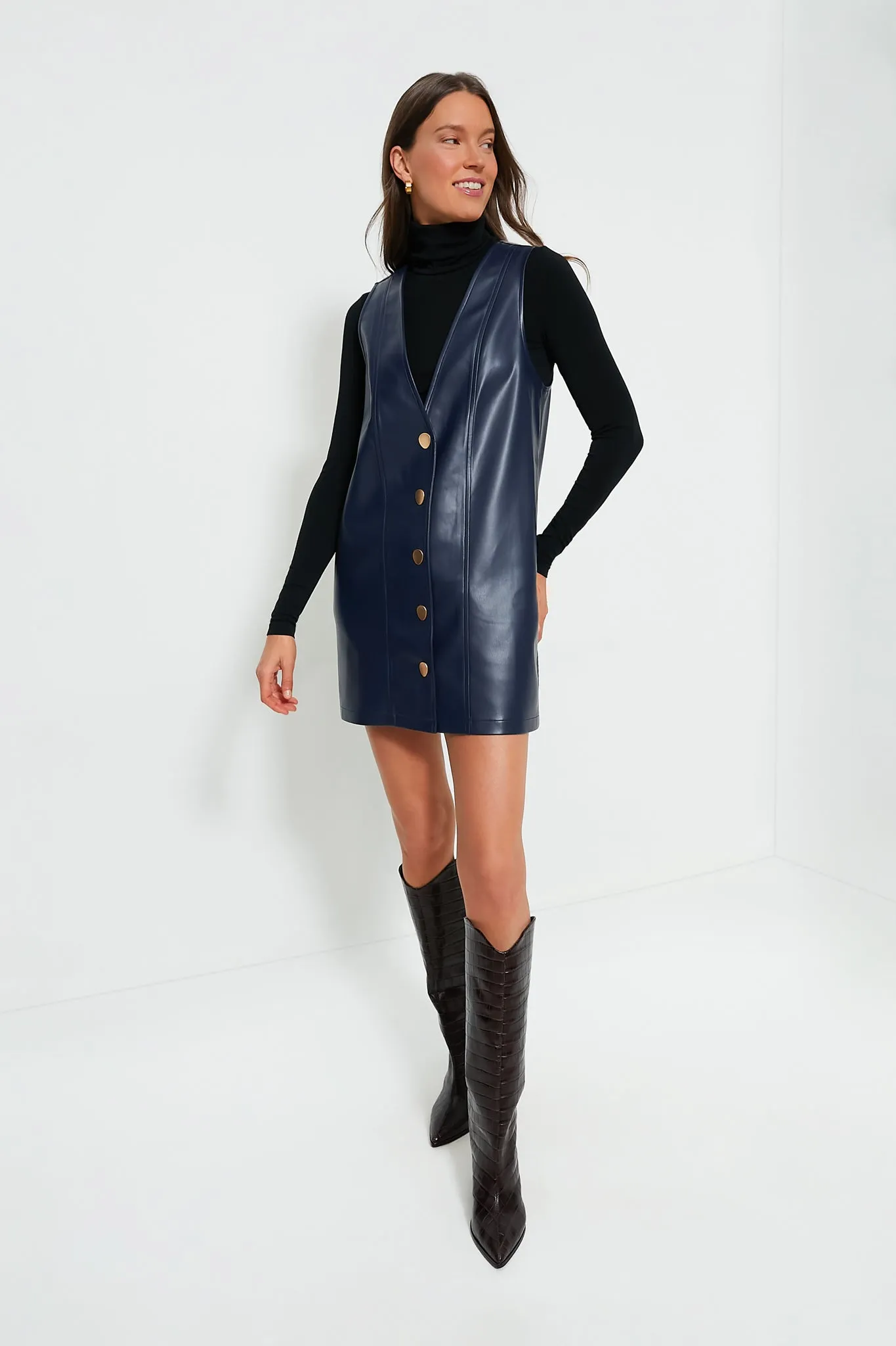 Navy Faux Leather Pinafore Dress