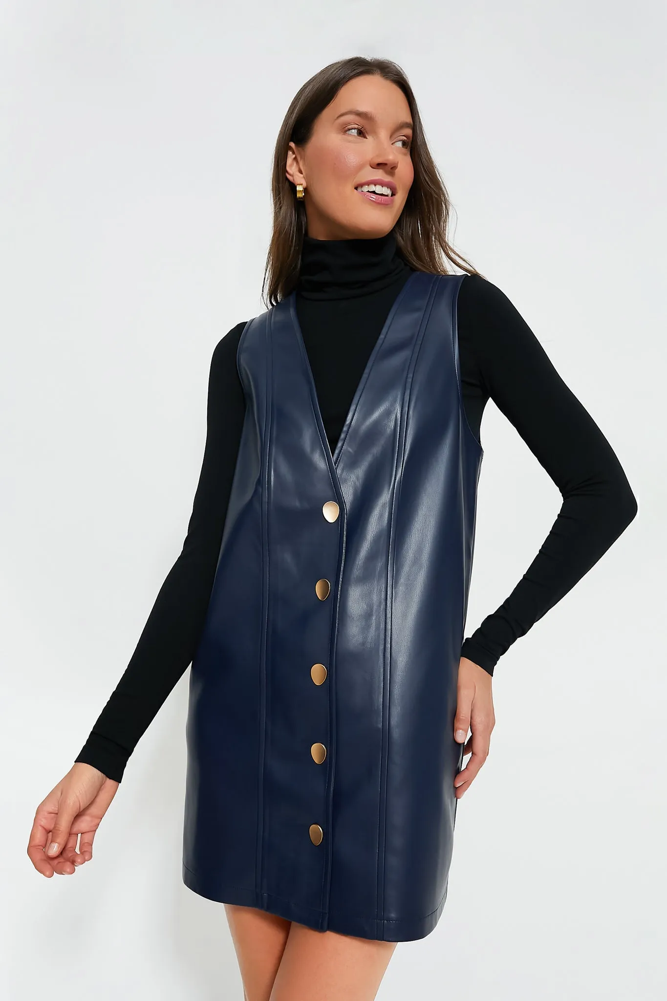 Navy Faux Leather Pinafore Dress