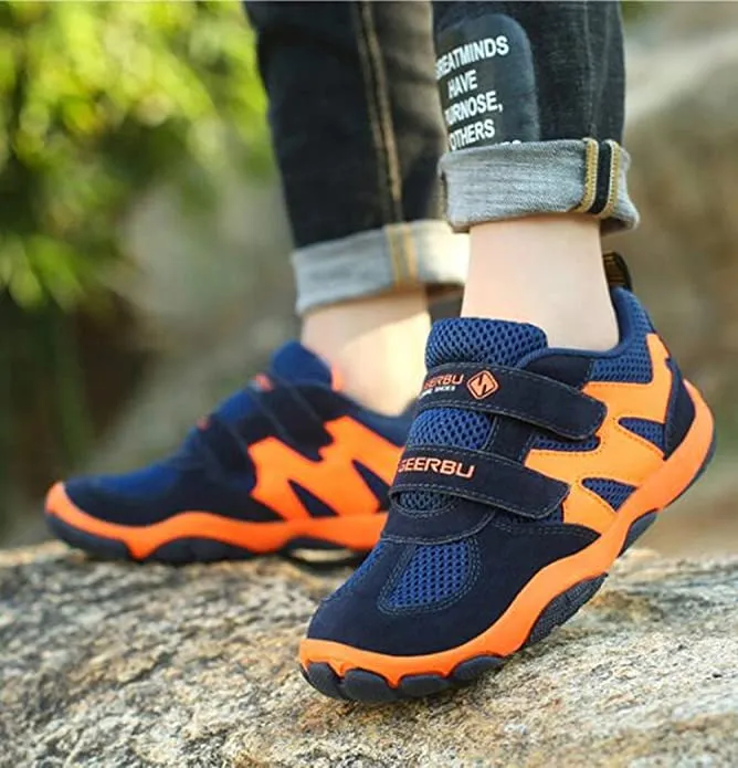 New DADAWEN Kid's Breathable Outdoor Hiking Sneakers Strap Athletic Running Shoes Dark Blue/Orange, Sz 5! Retails $98 