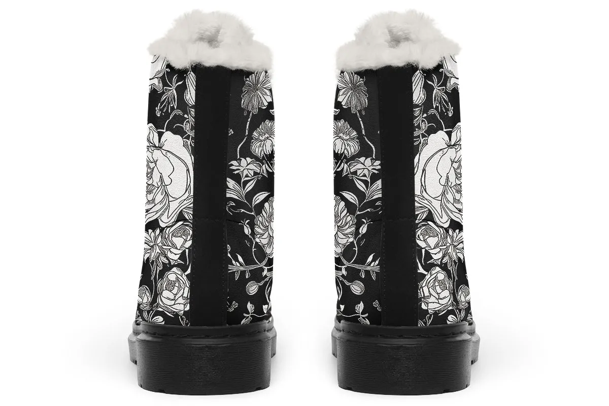 Noir Bouquet Winter Boots - Warm Micro-Suede Doc-Style Boots Lined with Vegan Wool