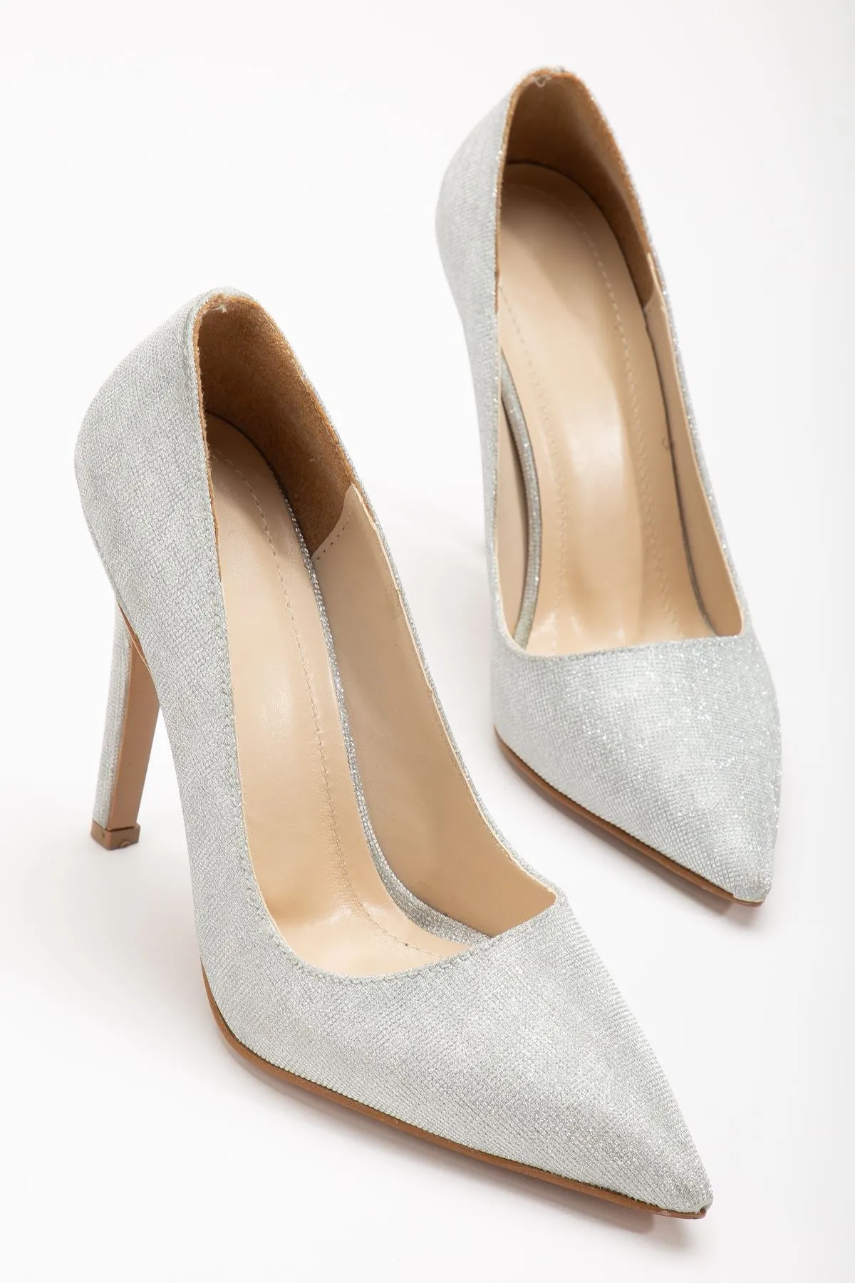 Onella Silver Glitter Pointed Low-cut Women's Heeled Shoes