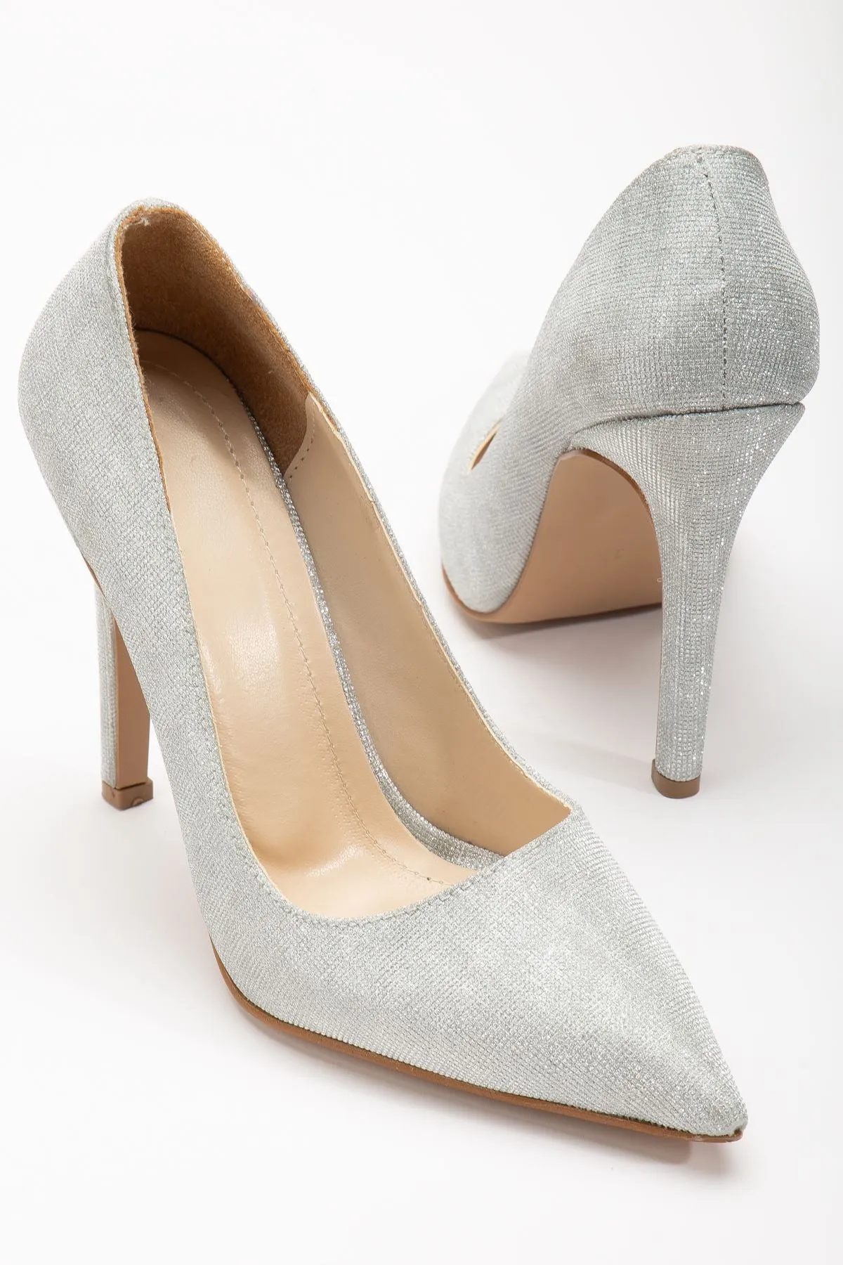 Onella Silver Glitter Pointed Low-cut Women's Heeled Shoes