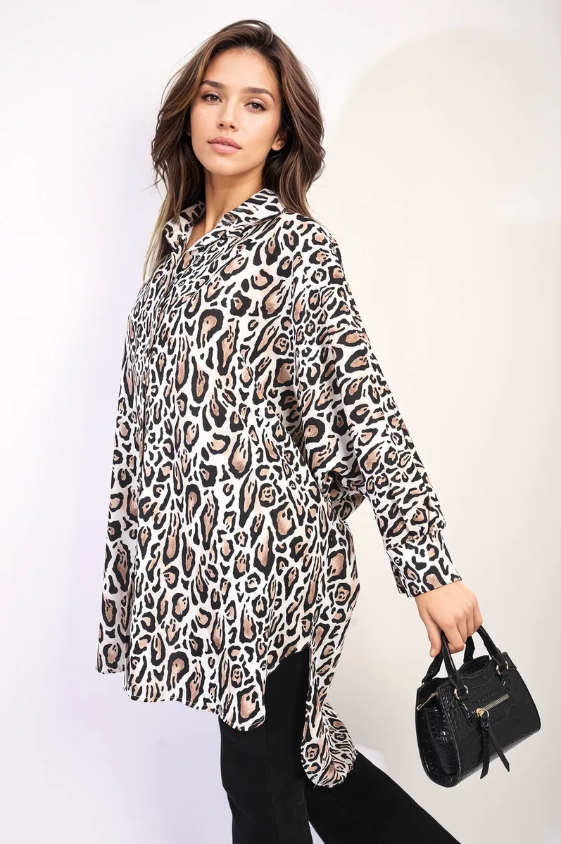 Oversized Long Sleeve Leopard Print Shirt Dress