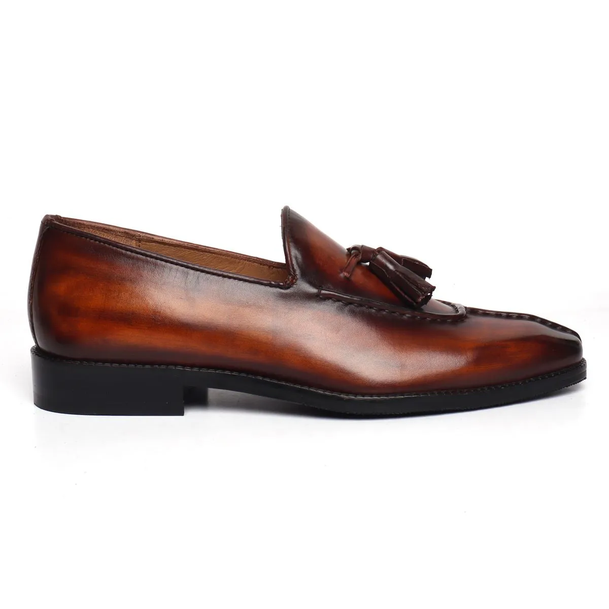 Paint Brush Look Cognac-Brown Leather Tassel Slip-On Shoes