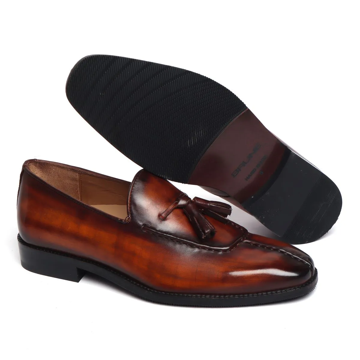 Paint Brush Look Cognac-Brown Leather Tassel Slip-On Shoes