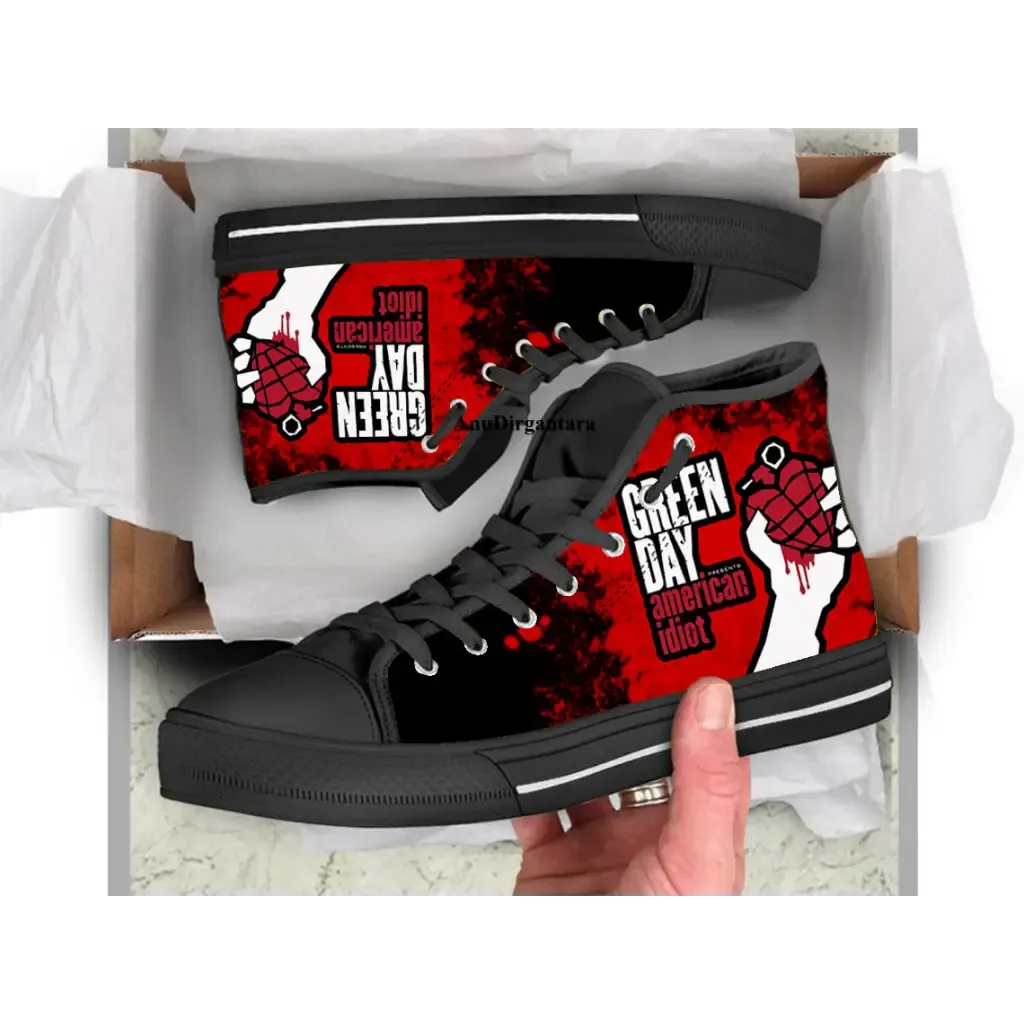 Popular Punk Rock Band Green Day Red Shoes High Top Sneakers for Kids and Adults