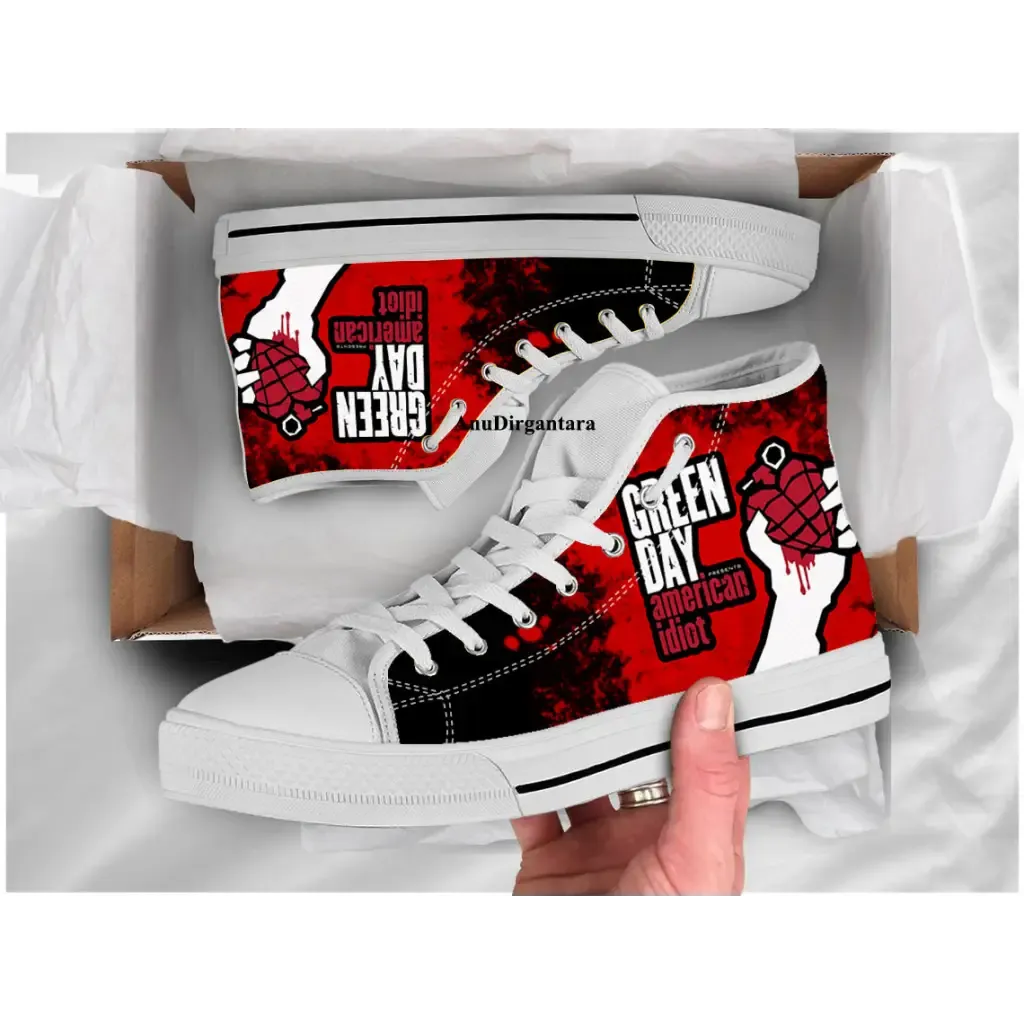 Popular Punk Rock Band Green Day Red Shoes High Top Sneakers for Kids and Adults