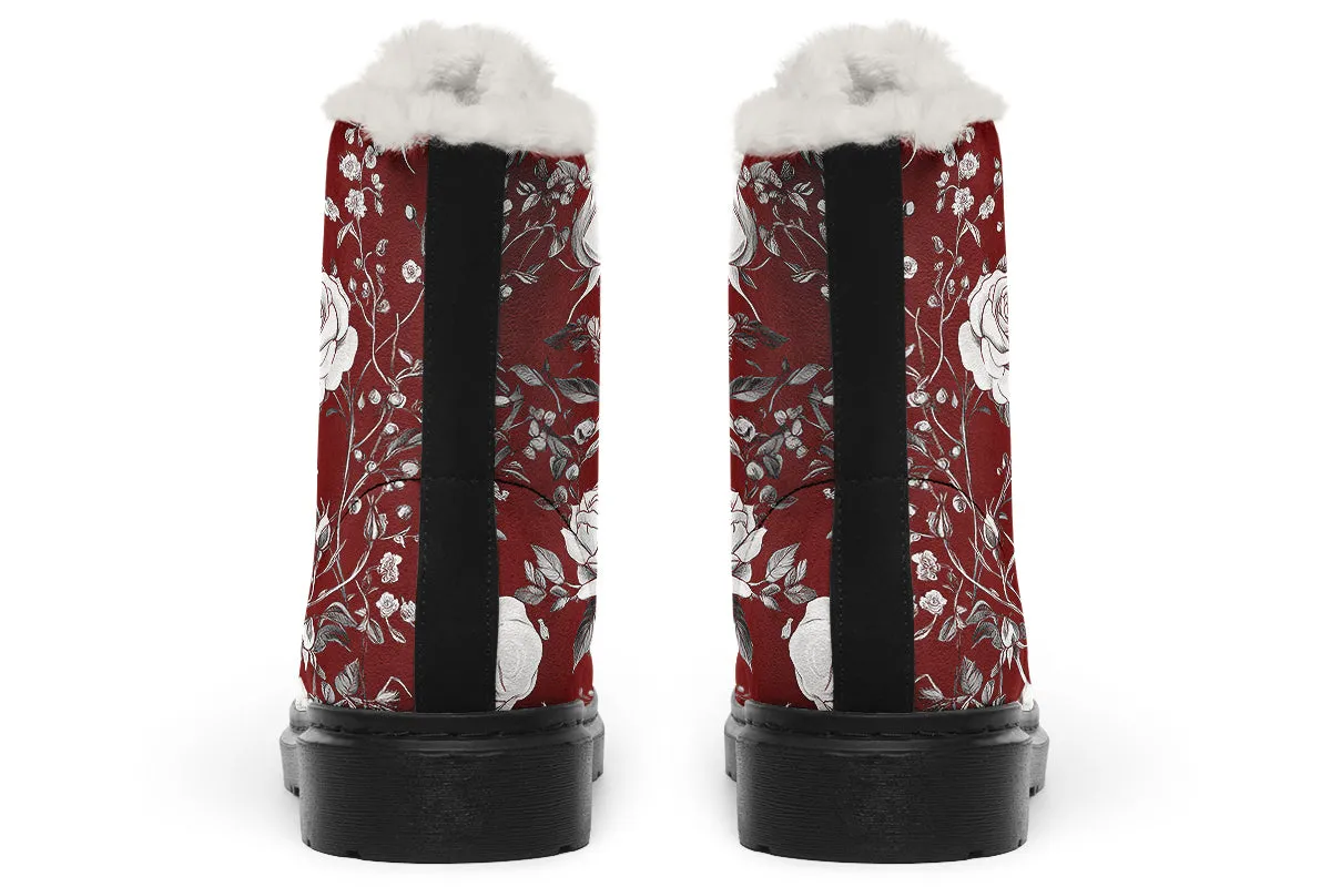 Red Rose Romance Winter Boots - Warm Micro-Suede Doc-Style Boots Lined with Vegan Wool