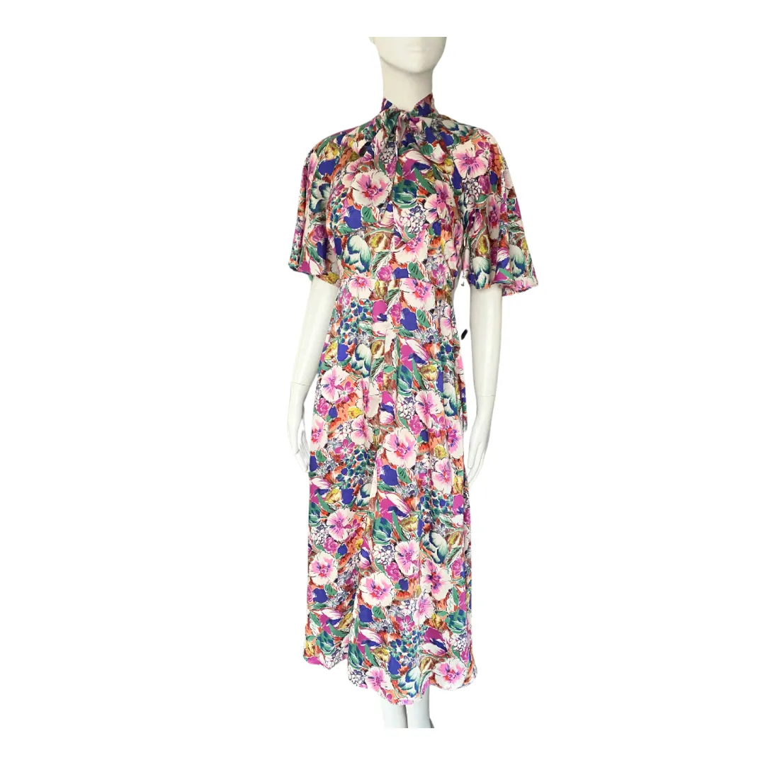 River Island Floral Tie Neck Dress Pink Multicolour SIZE 8