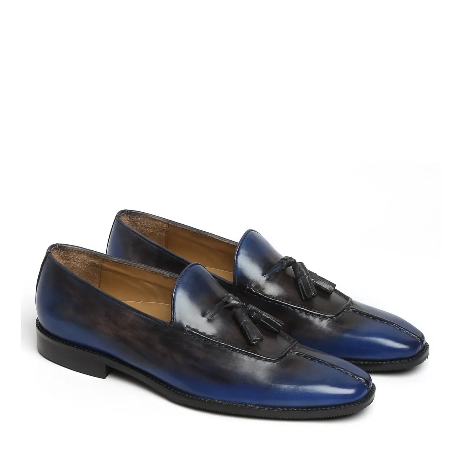 Rusty Look Blue -Black Leather Tassel Slip-On Shoe