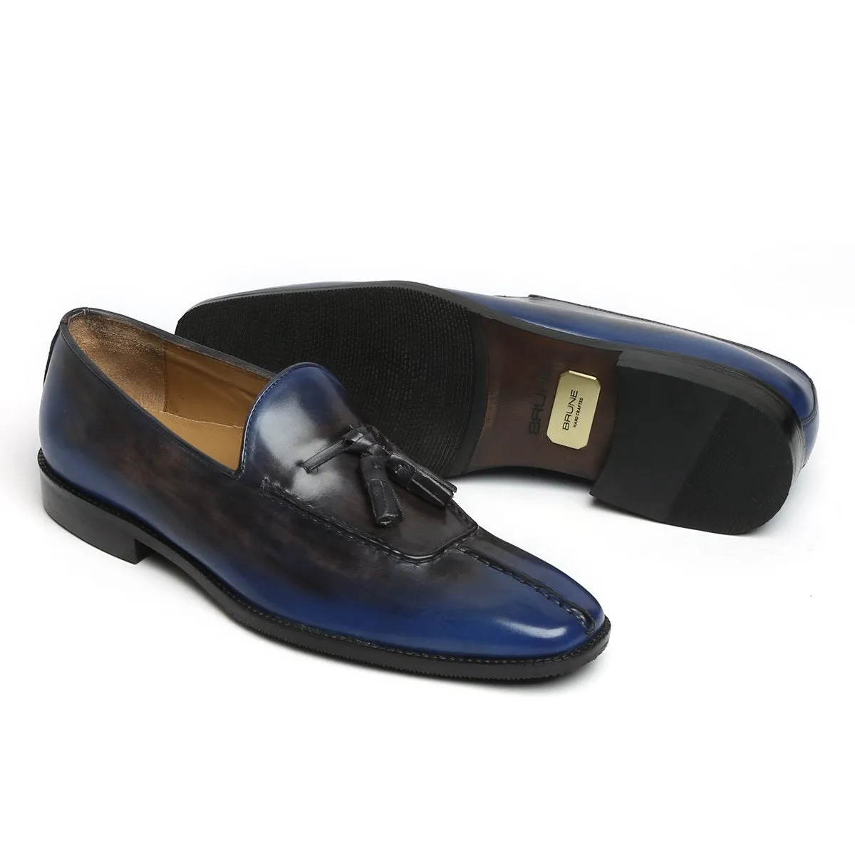 Rusty Look Blue -Black Leather Tassel Slip-On Shoe