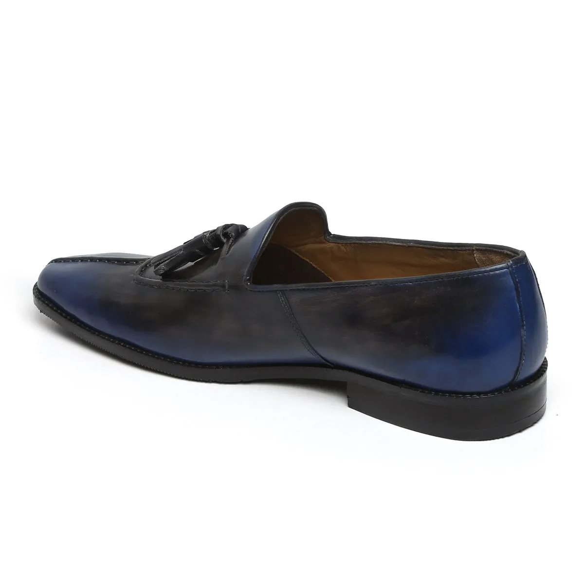 Rusty Look Blue -Black Leather Tassel Slip-On Shoe