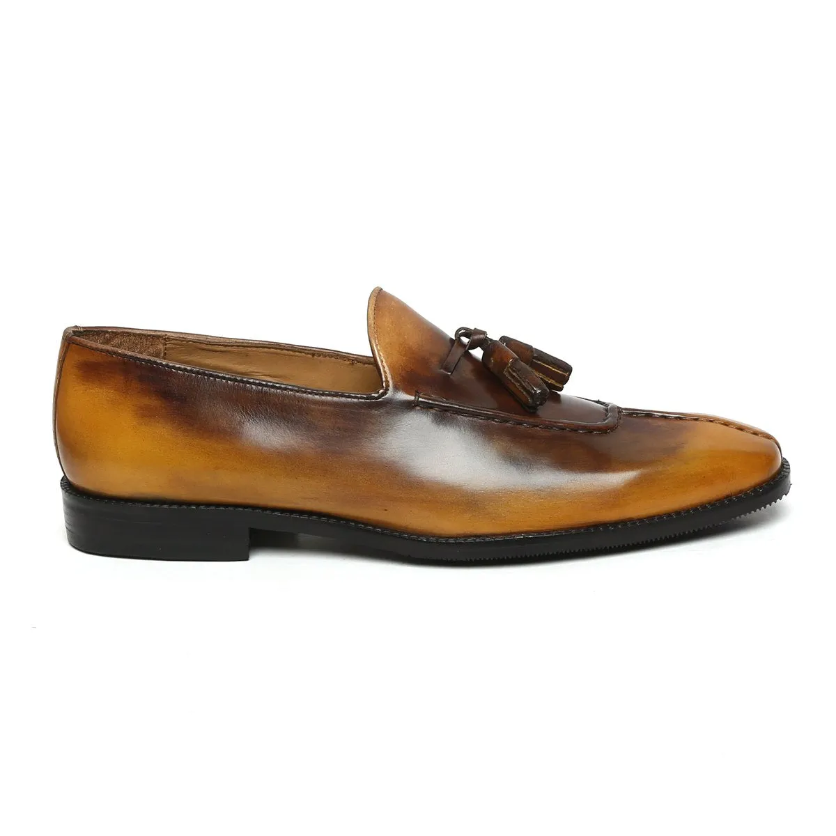 Rusty Look Yellow-Brown Leather Tassel Slip-On Shoes